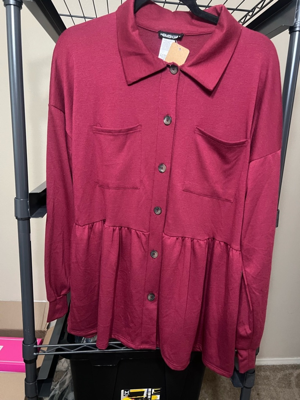 HEIMISH USA Wine Red Button-Front Peplum Shirt Jacket